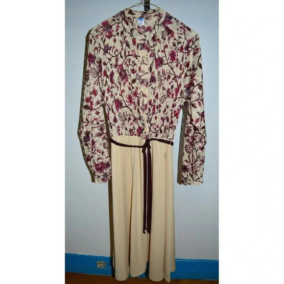VTG 60'S Union Made Purple Maroon Cream Floral Lace Polyester Dress Size 16 - Picture 1 of 8
